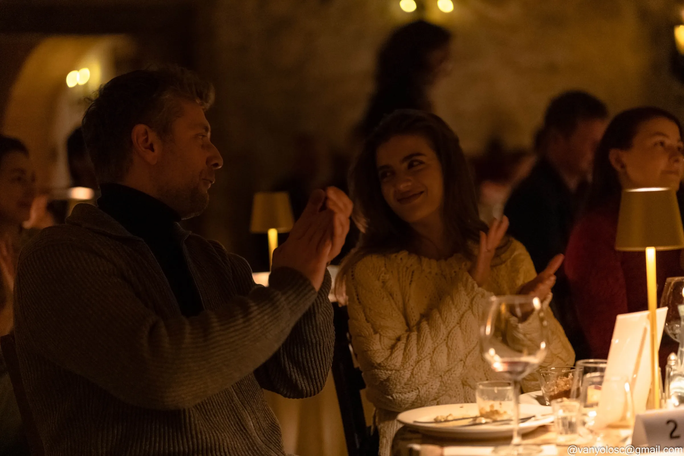 Guests at a candlelit castle concert