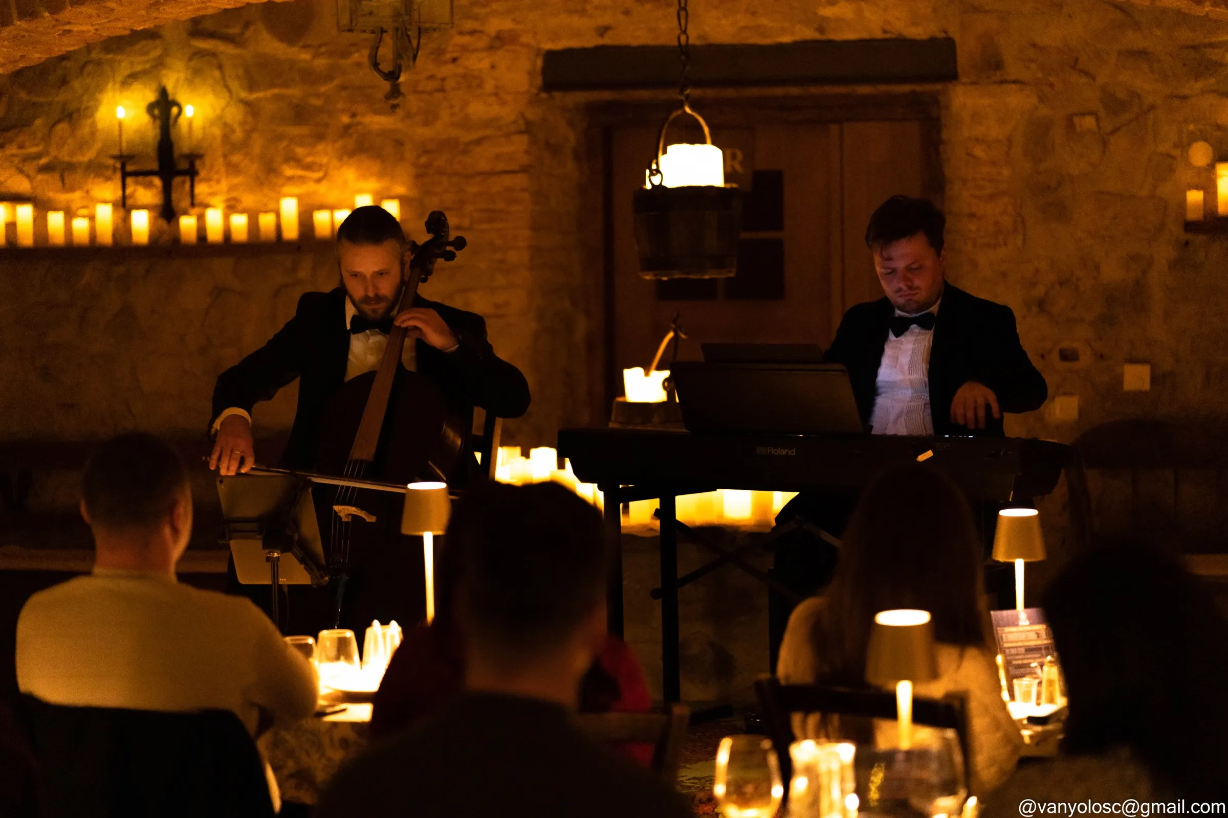 Two musicians performing for guests in the castle cellar