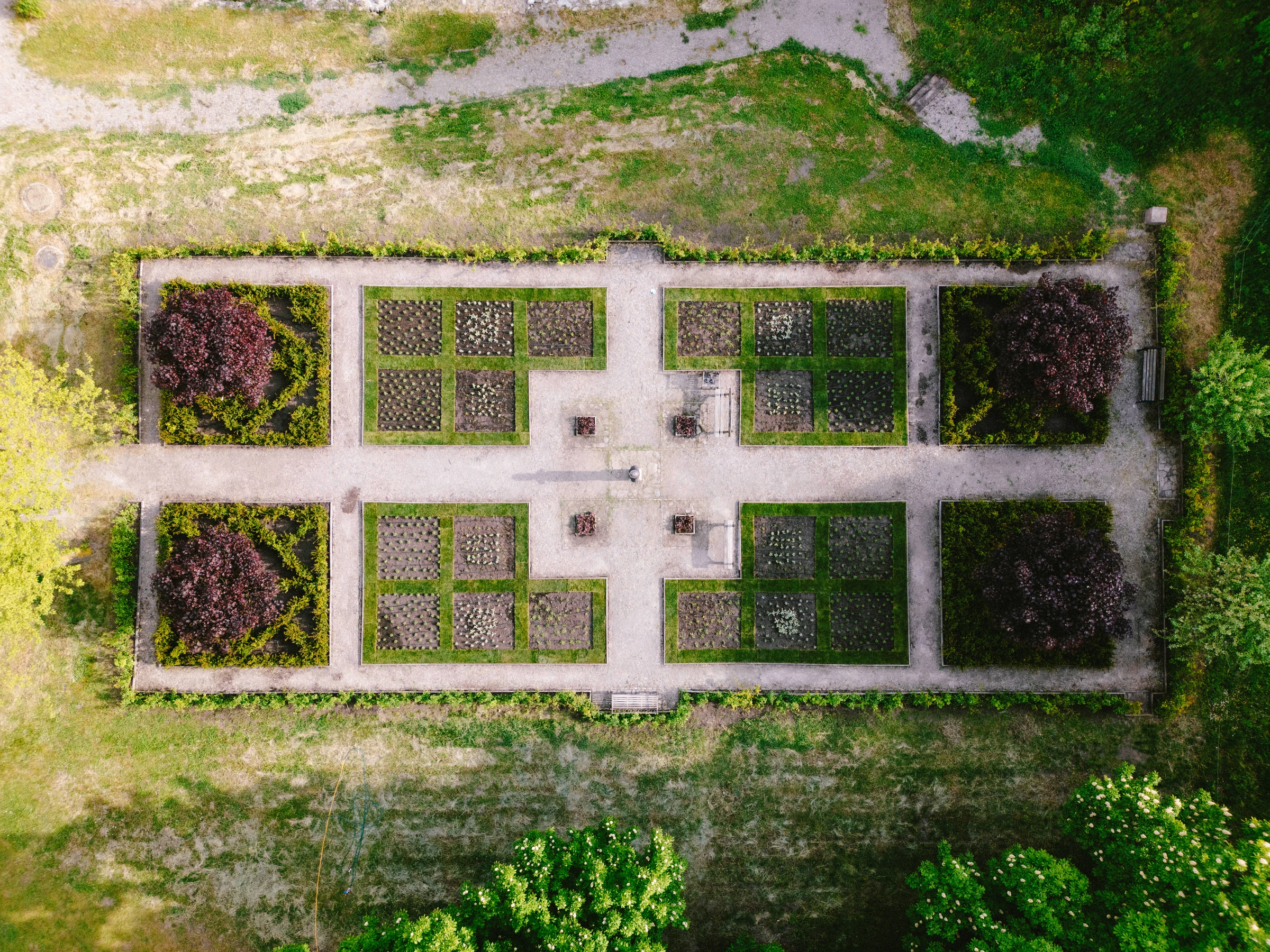 Overhead view of the formal garden at Miklósvár Castle