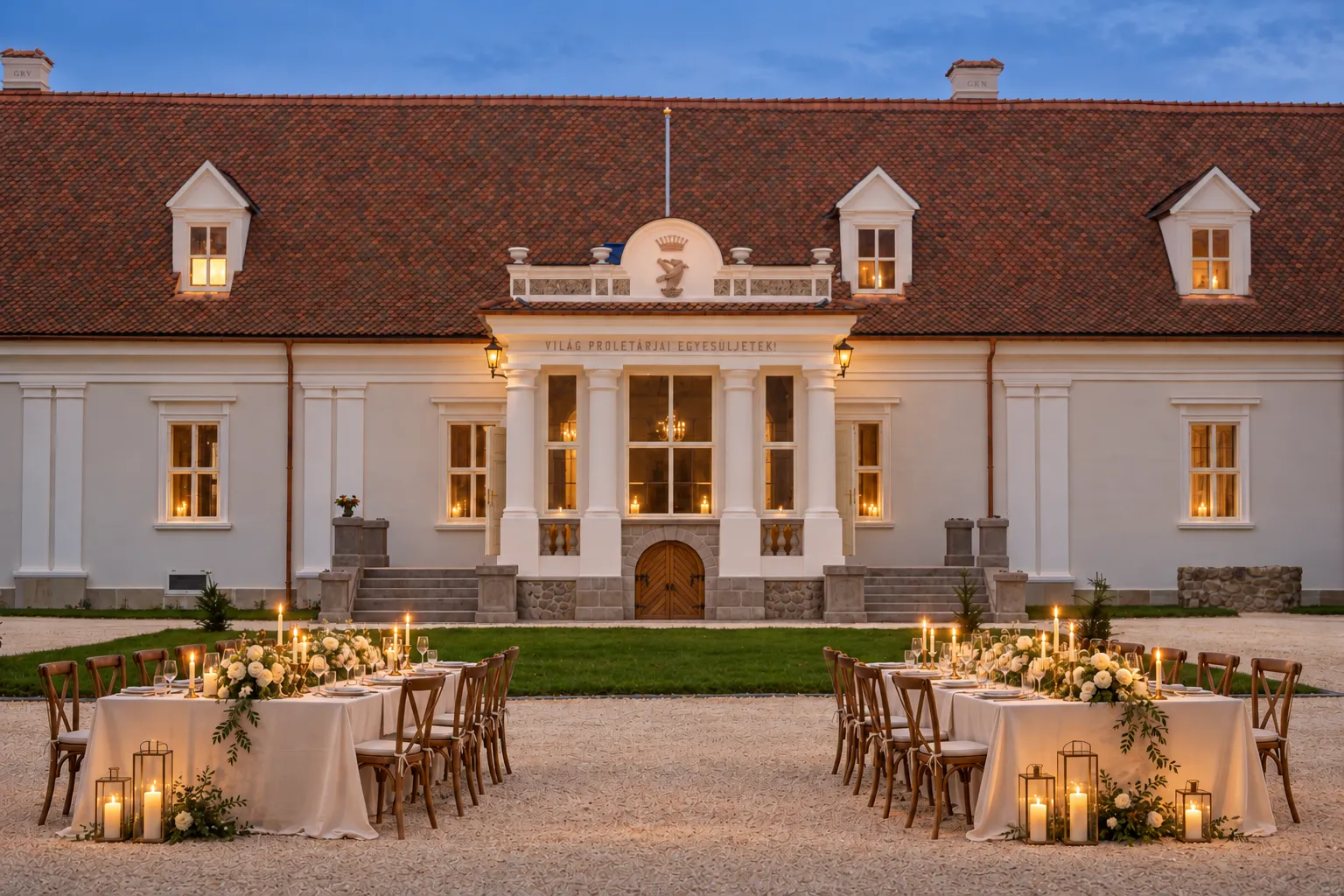 Wedding visualisation: lantern-lit tables in the Kőröspatak castle courtyard at dusk