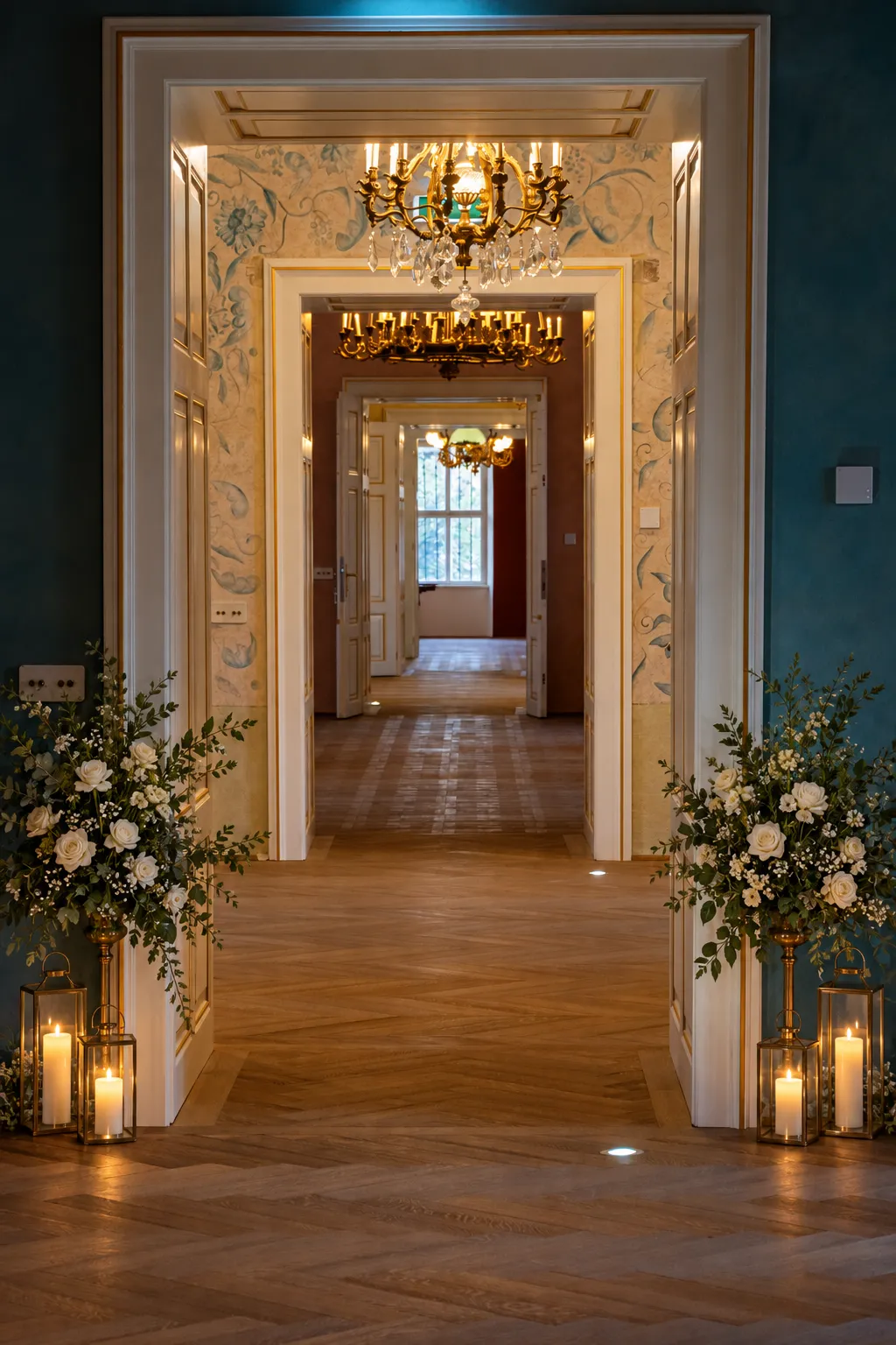Wedding visualisation: white flowers and lanterns along the castle’s sequence of ornate doorways