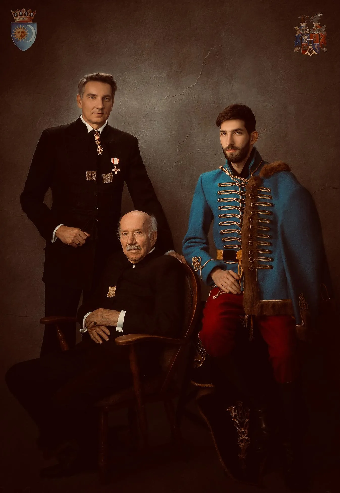 Portrait of three people in formal dress, one seated and two standing