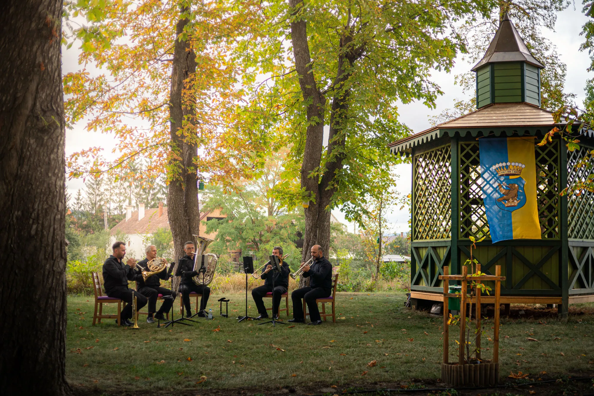 Guests seated among trees beside a garden gazebo