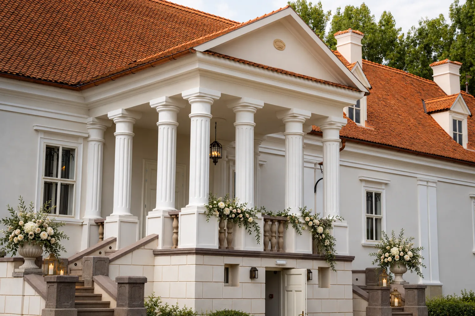 Wedding visualisation: white flowers and lanterns at the castle’s columned entrance