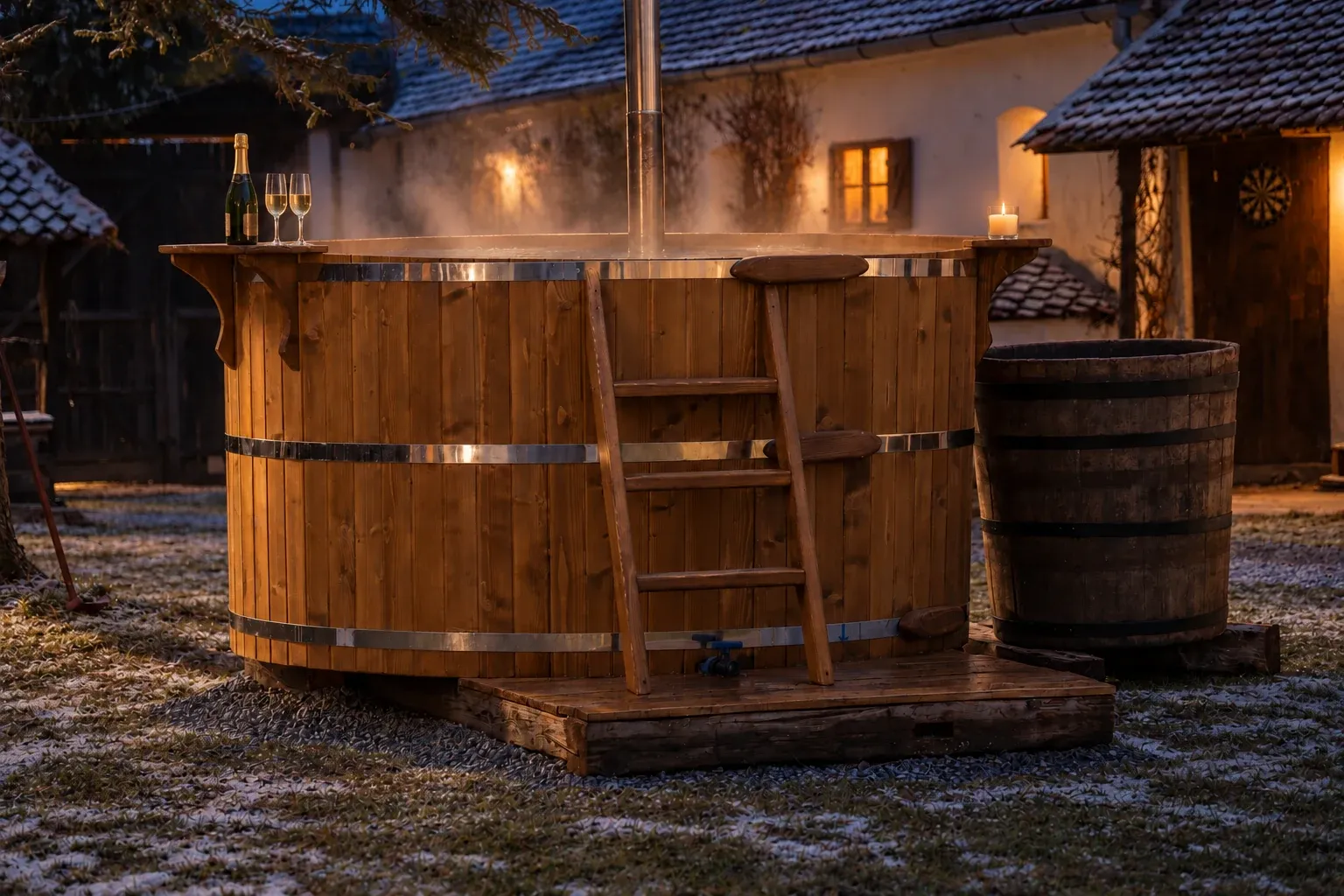 A steaming wooden hot tub beside a guesthouse, with a champagne bottle and two glasses