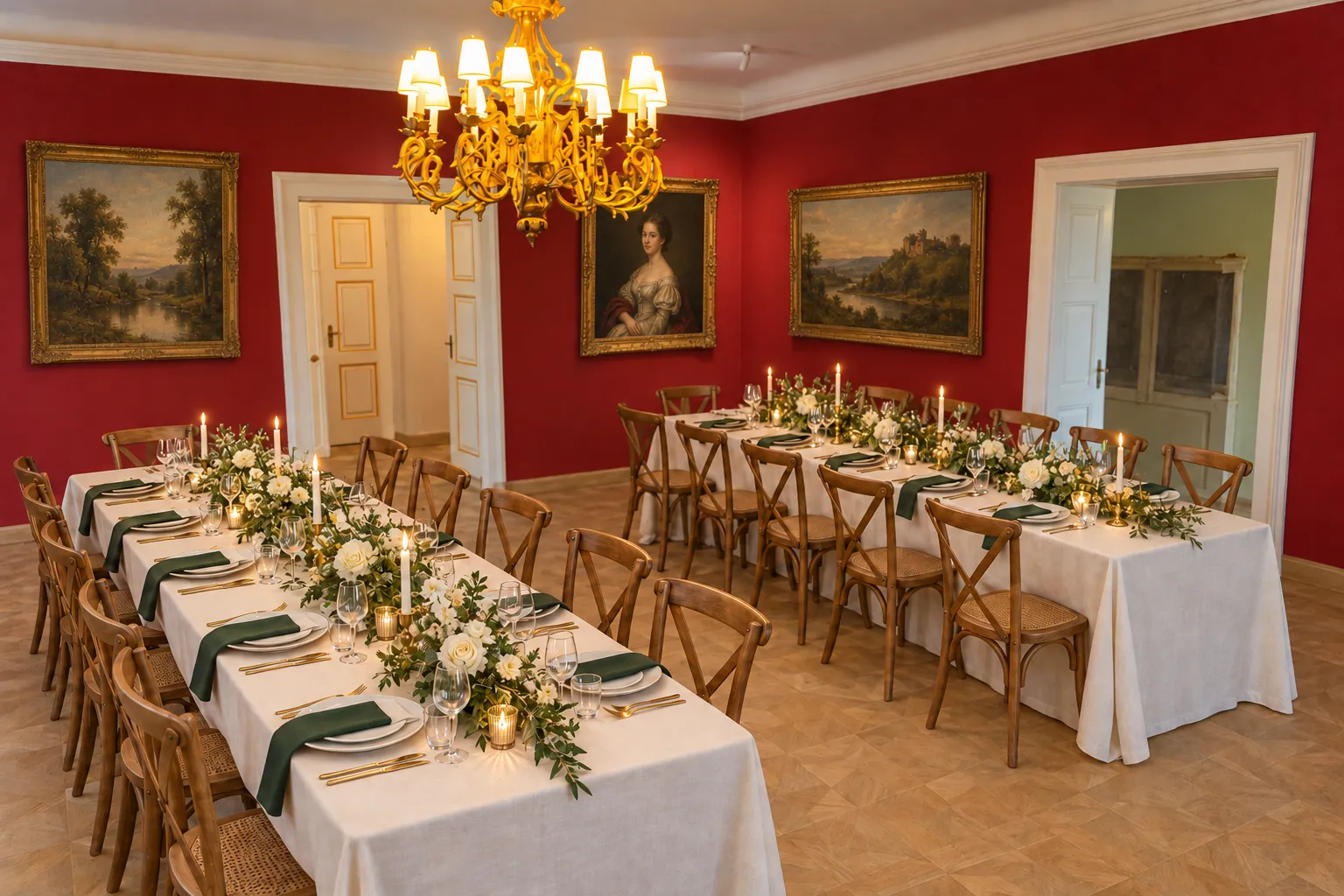 Wedding visualisation: candlelit dinner tables and illustrative framed paintings in the castle’s red hall