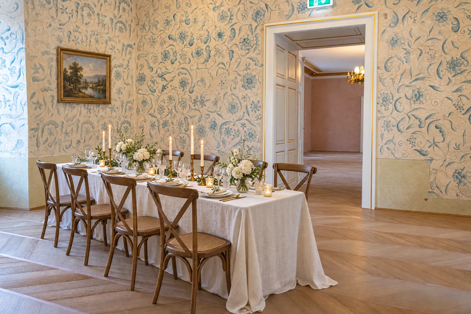 Wedding visualisation: an intimate reception table in the castle’s salon with botanical wallpaper