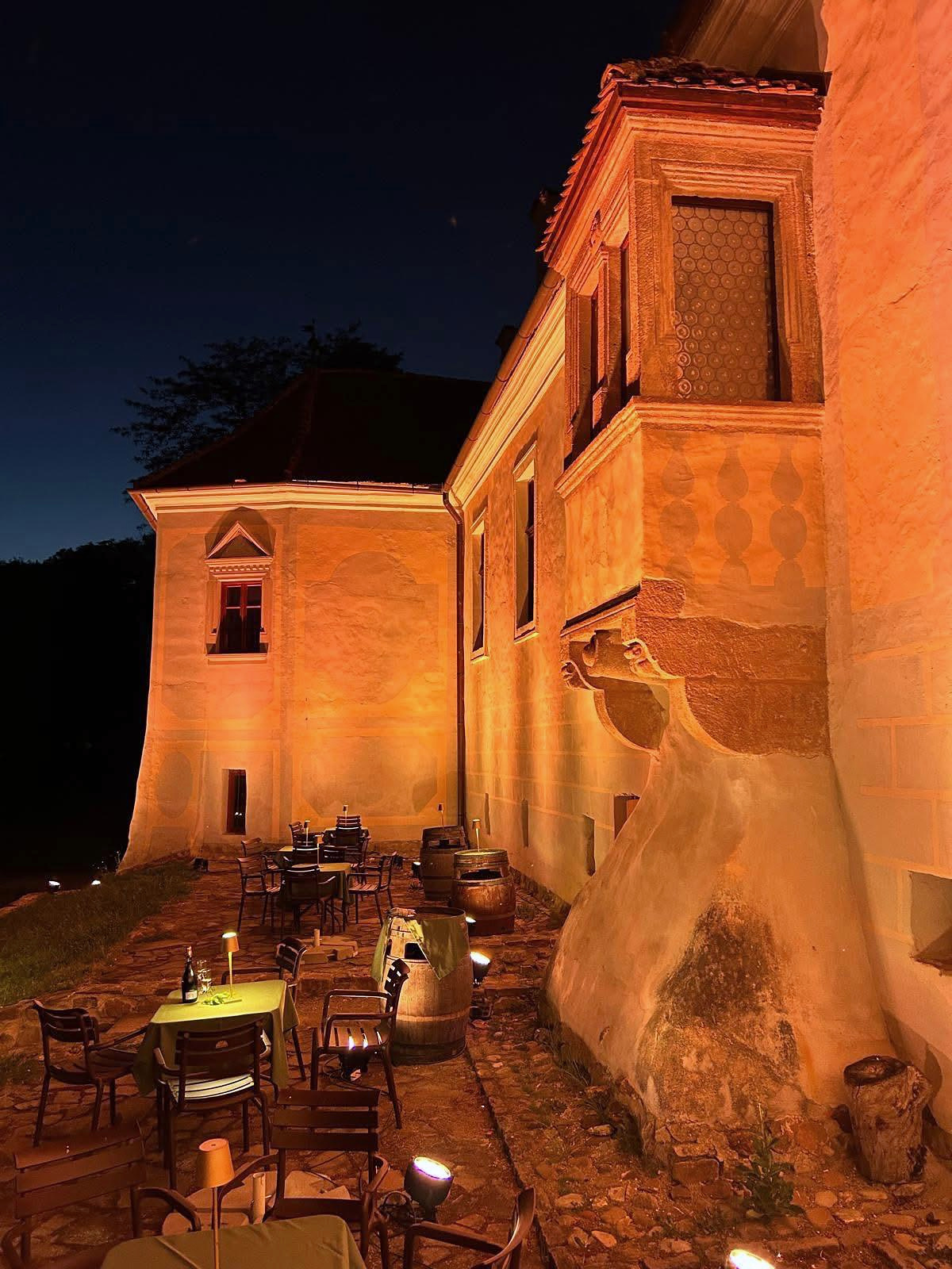 Castle facade at night